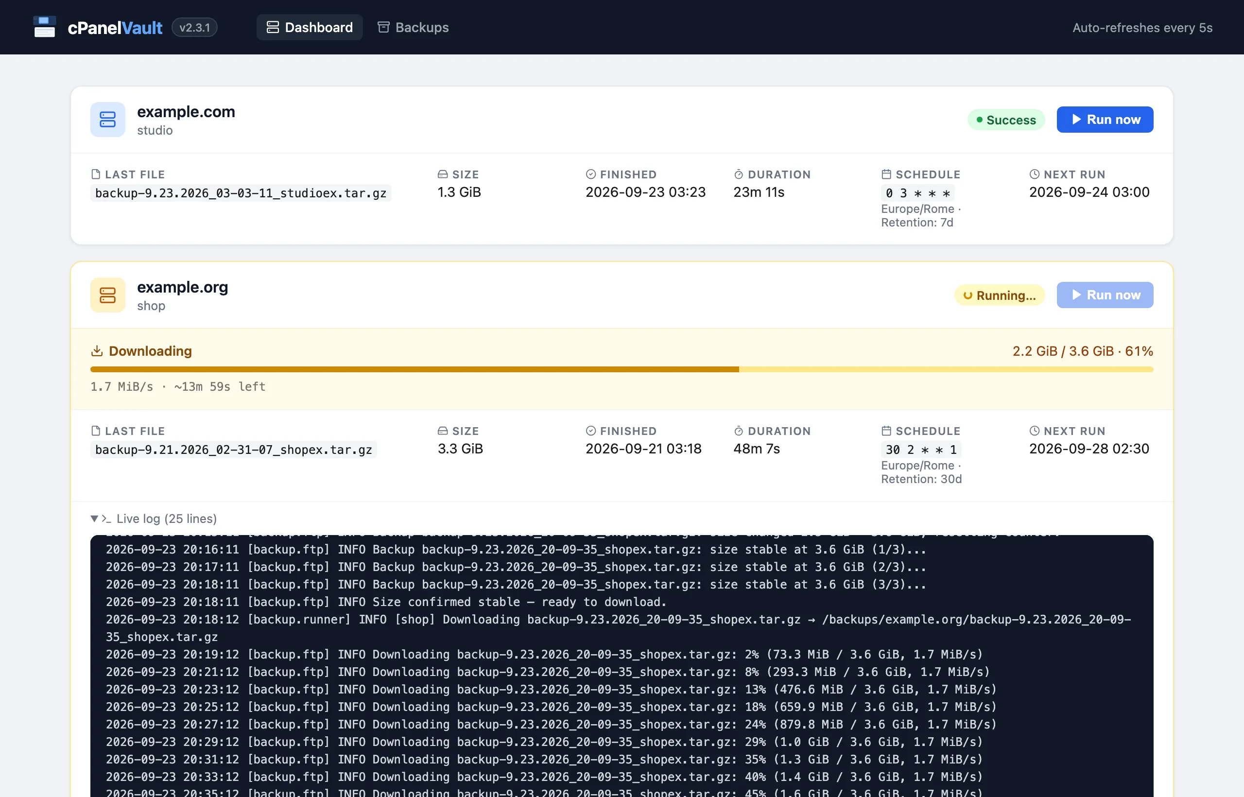 cPanelVault dashboard: one host finished successfully, another downloading its backup with progress, speed, ETA and live log