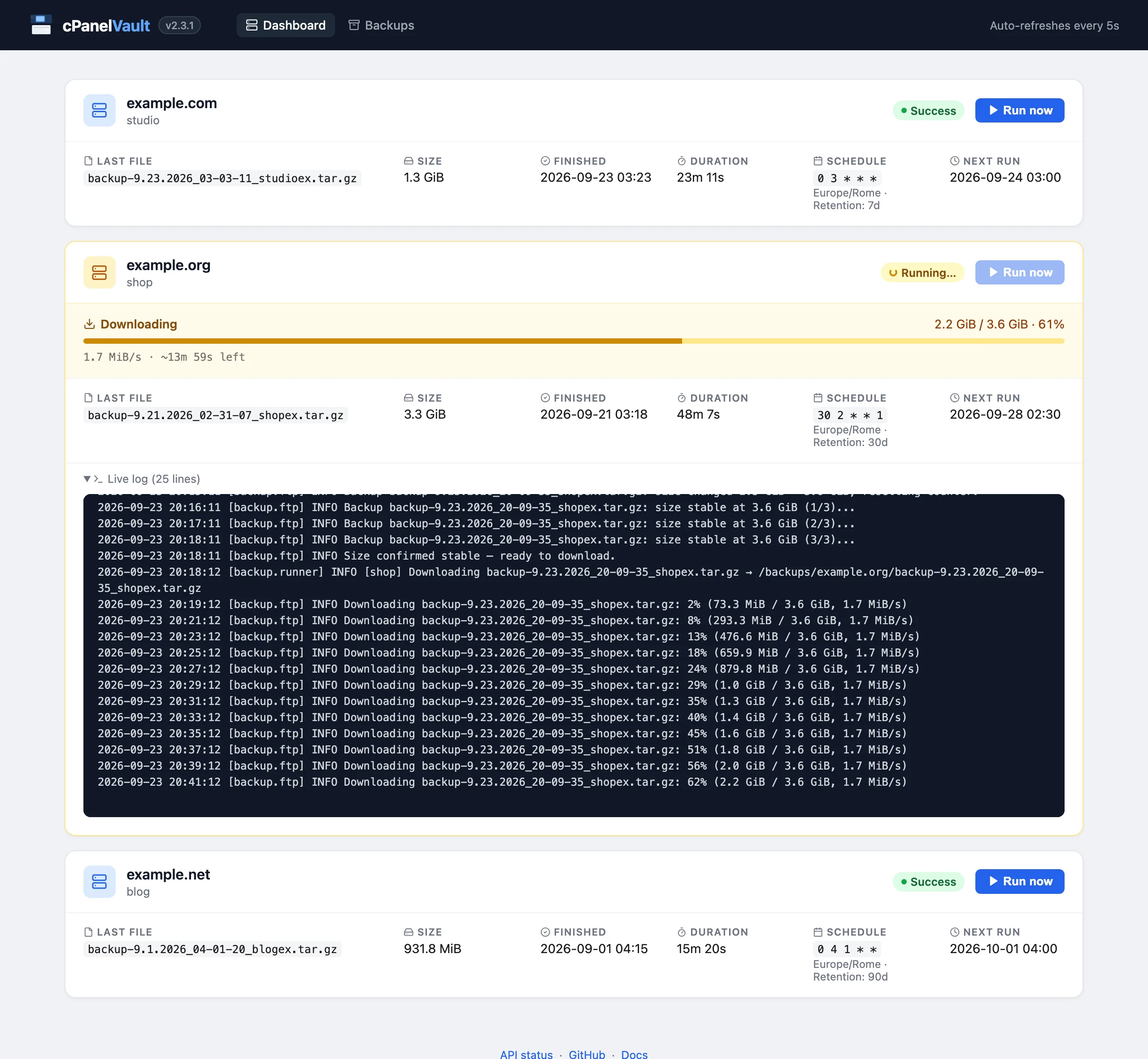 Dashboard with three hosts: two successful, one downloading with the live log expanded